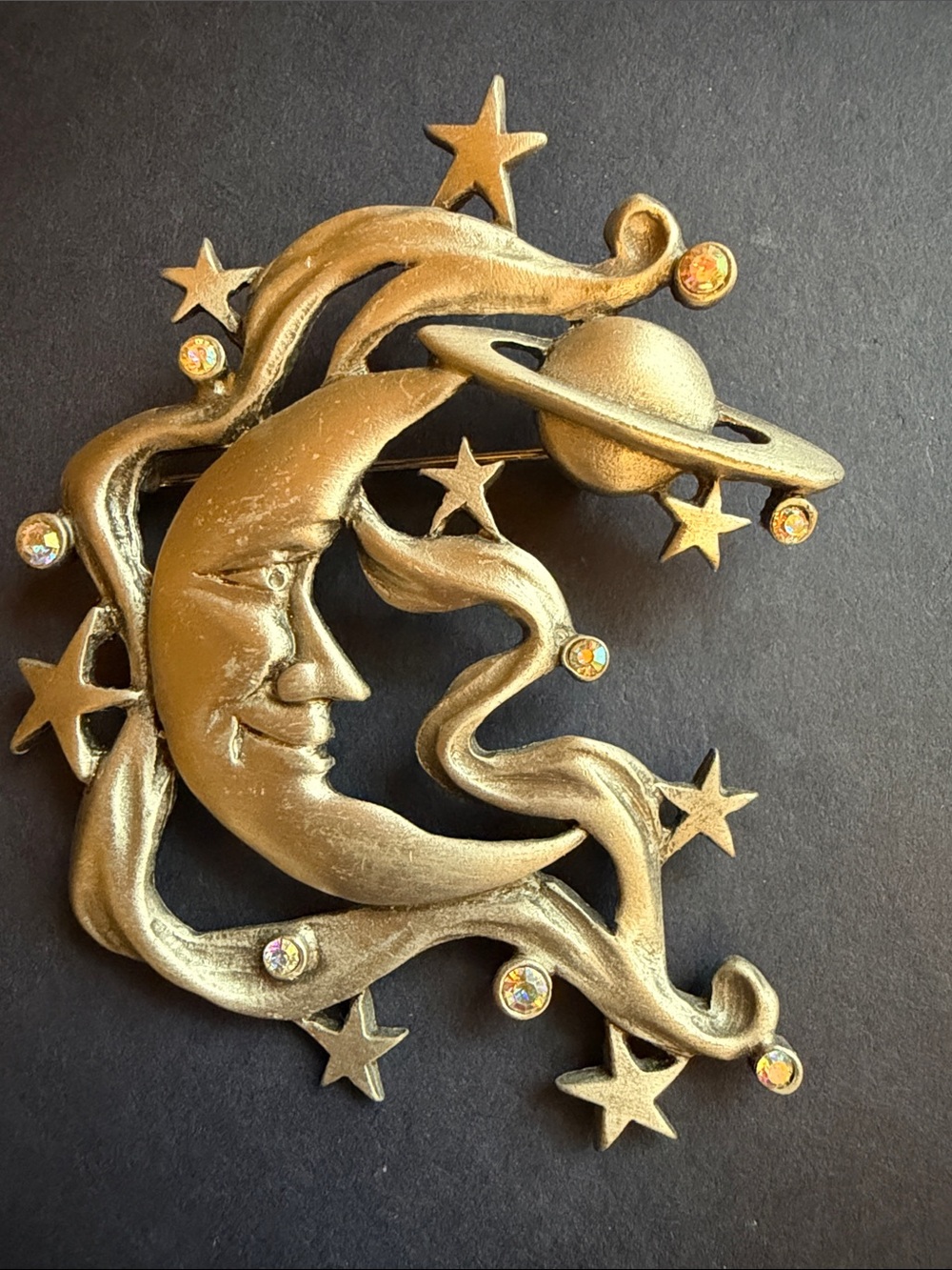 Jonette Silver Tone Moon Stars Planet Celestial Brooch Jewelry sparkling